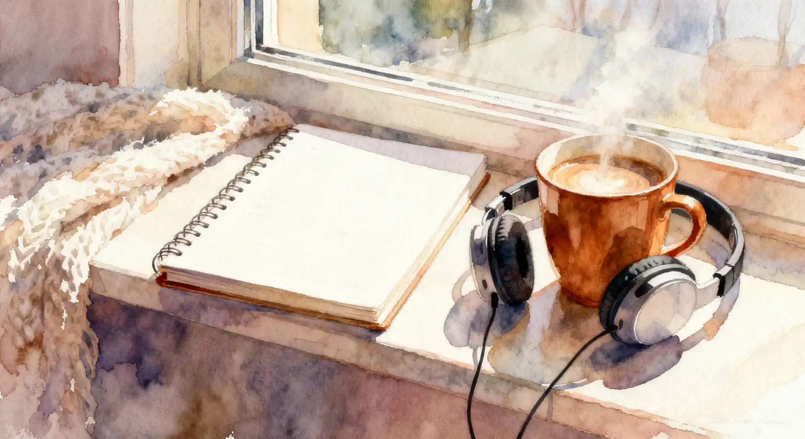 A notebook, headphones, and a warm drink by a window.
