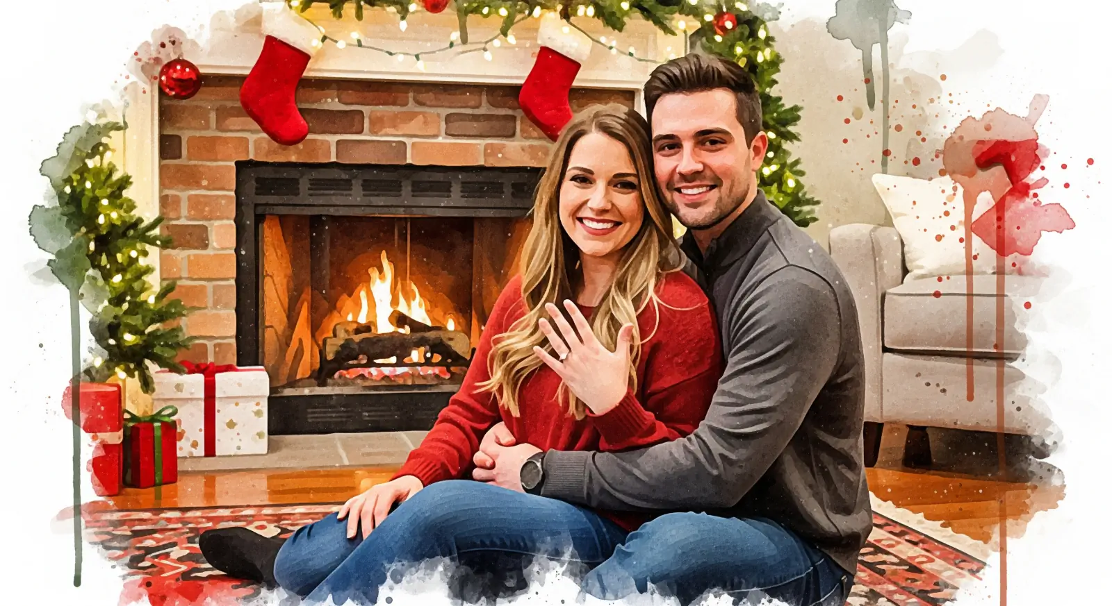 Newly engaged couple sitting together by a fireplace, smiling softly, surrounded by warm holiday lights