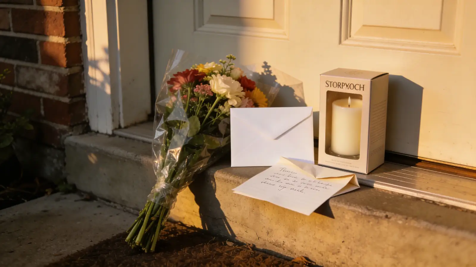 A doorstep with generic sympathy gifts — wrapped flowers and an unopened card — alongside a personal handwritten letter, showing the contrast between impersonal and meaningful