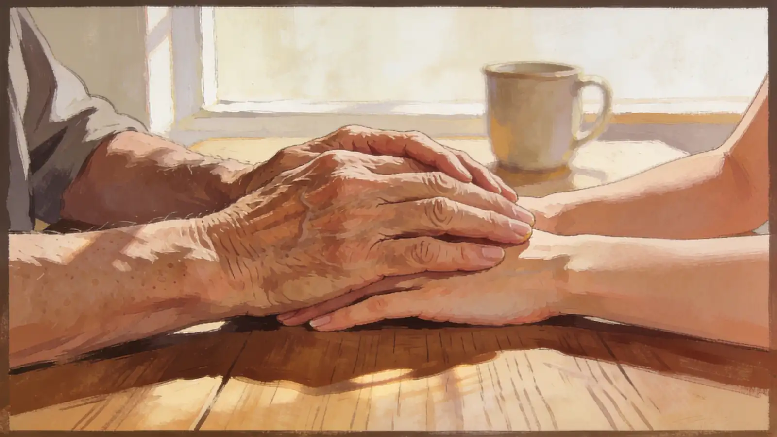 Elderly hands resting on younger hands across a kitchen table — representing love between generations