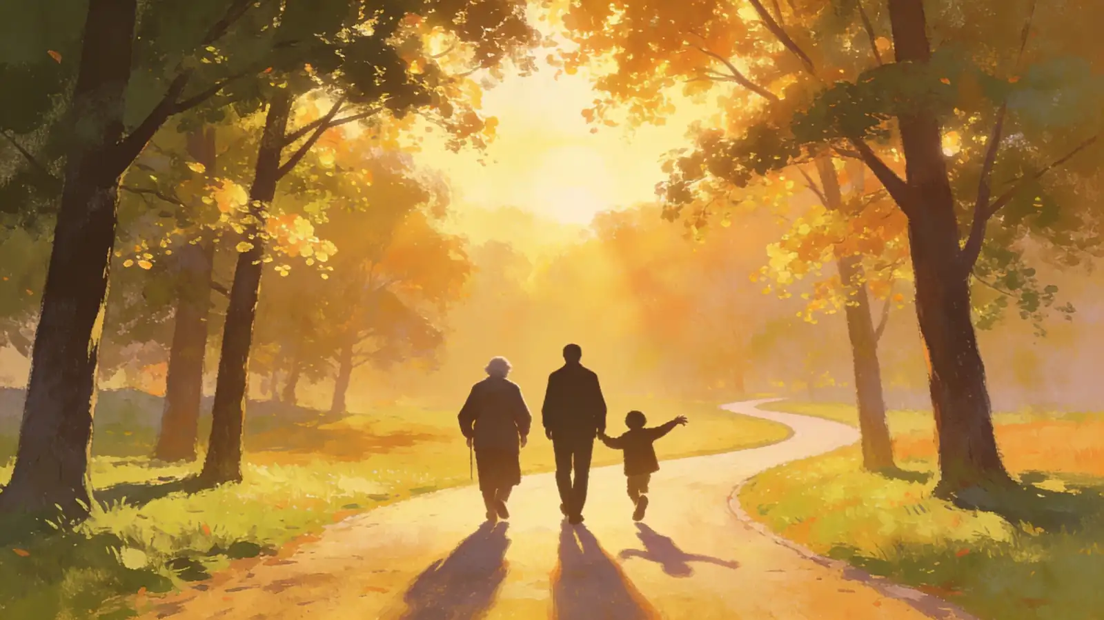 Three generations of a family walking together at golden hour — representing legacy and love