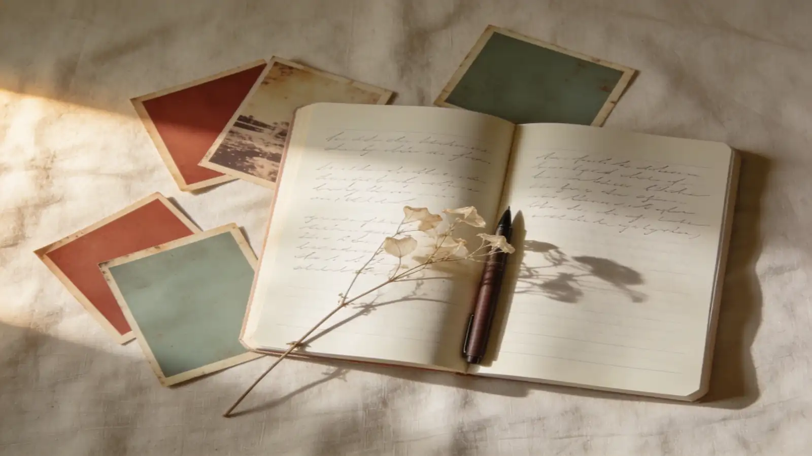 Person writing in a journal surrounded by old photographs — gathering memories to build a personalized funeral song