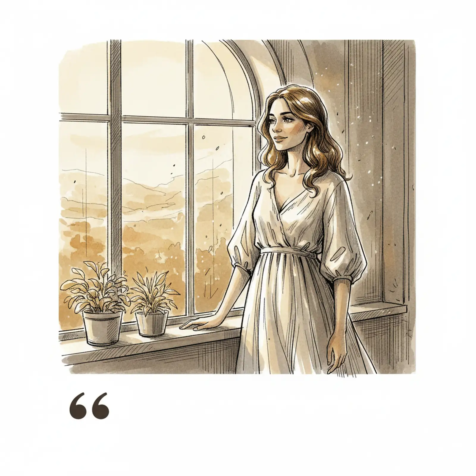 Woman looking out a window, smiling softly with warm light on her face