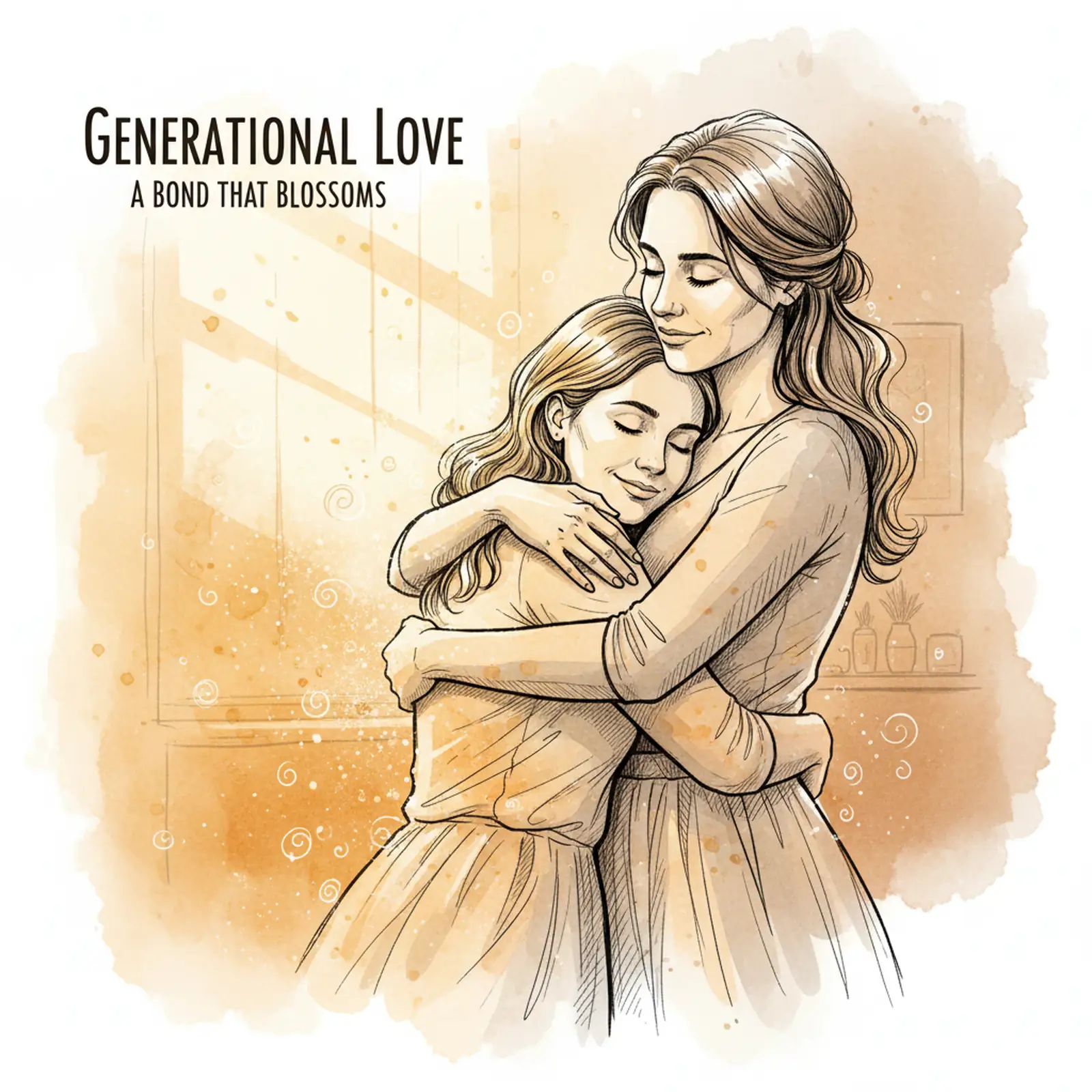 Mother and adult child sitting together in warm afternoon light, emotional moment