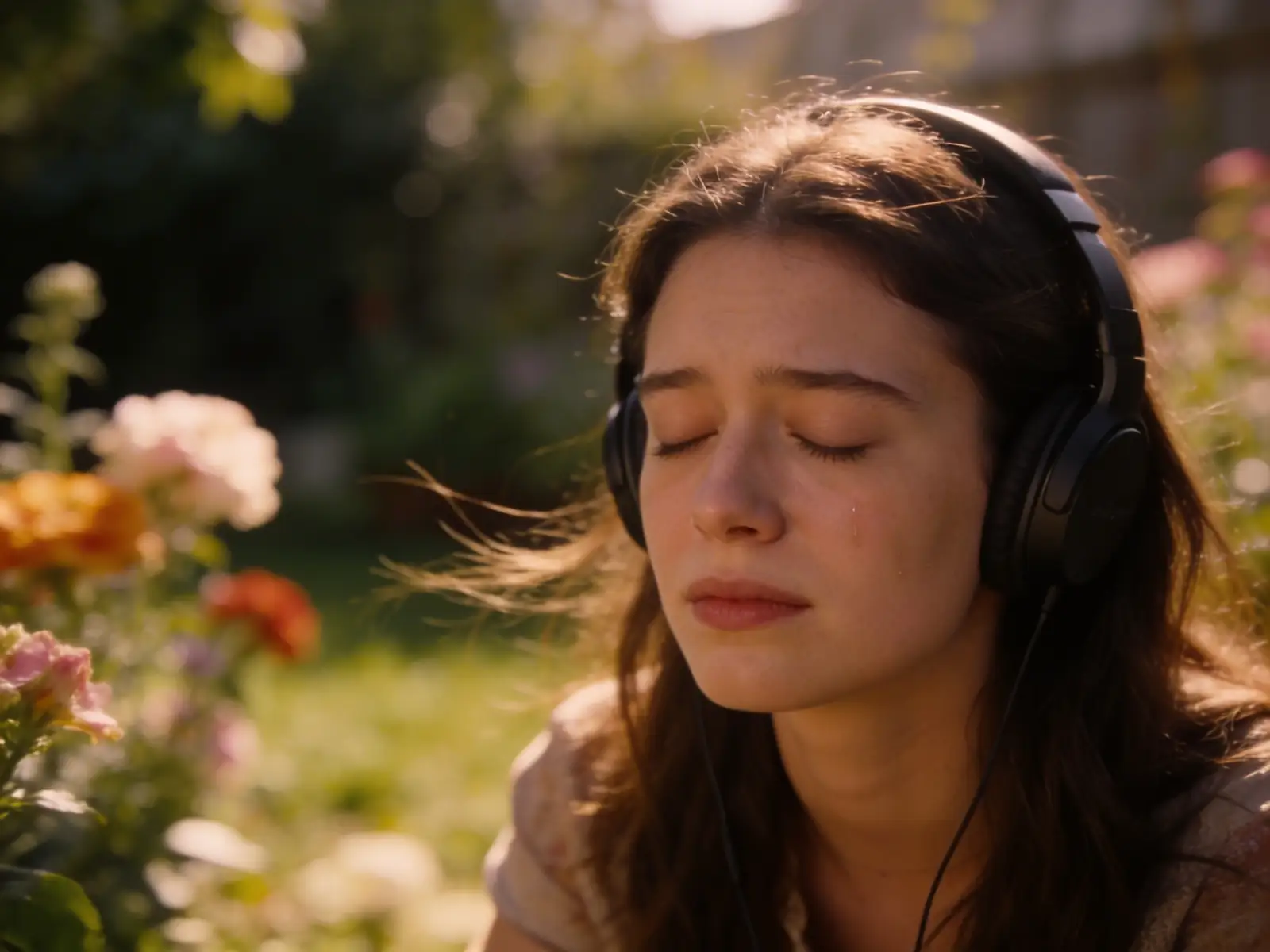 Young woman listening to headphones, eyes closed, emotional expression