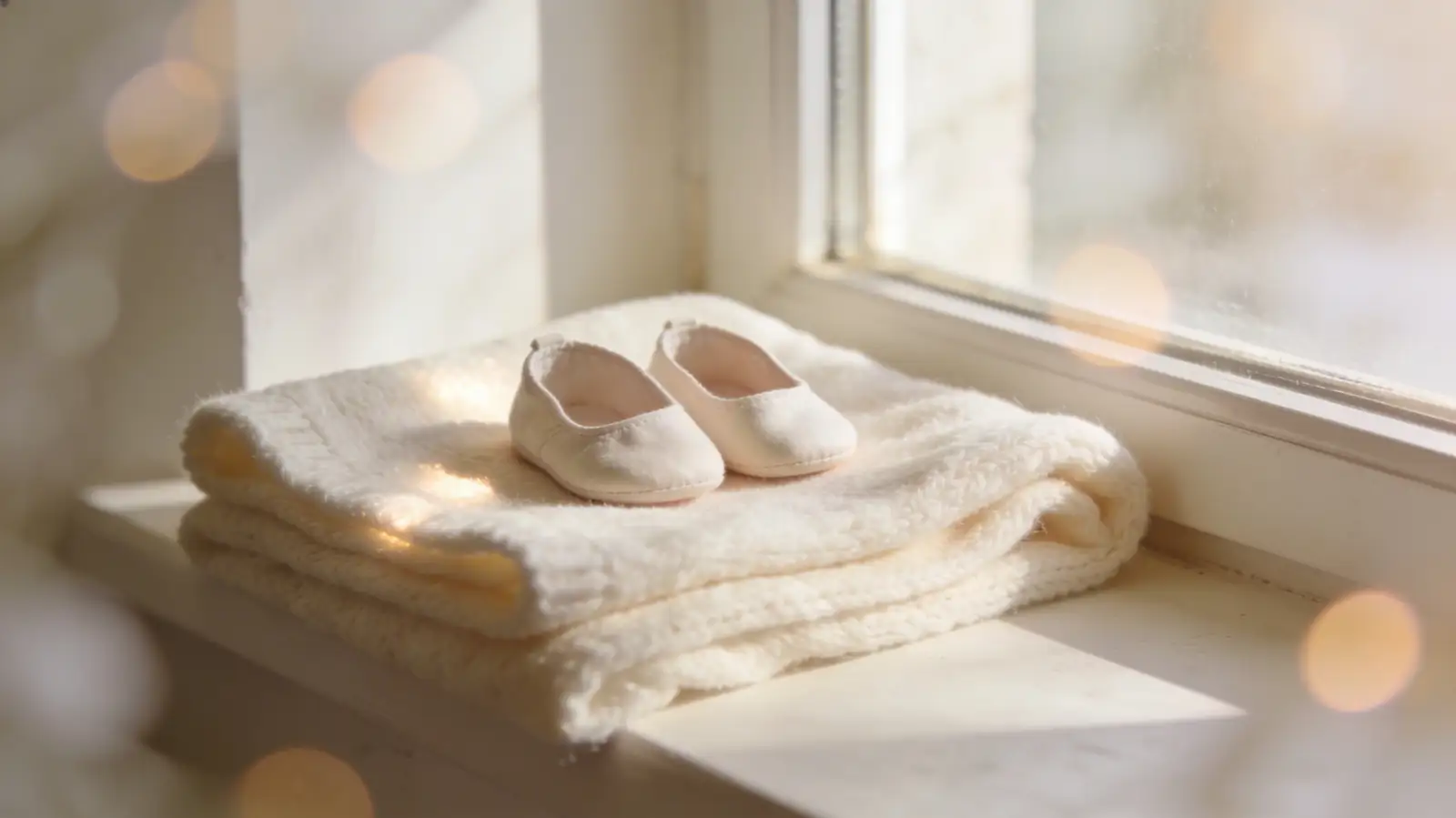 Soft infant shoes on a folded blanket — a tender symbol of pregnancy loss and remembrance