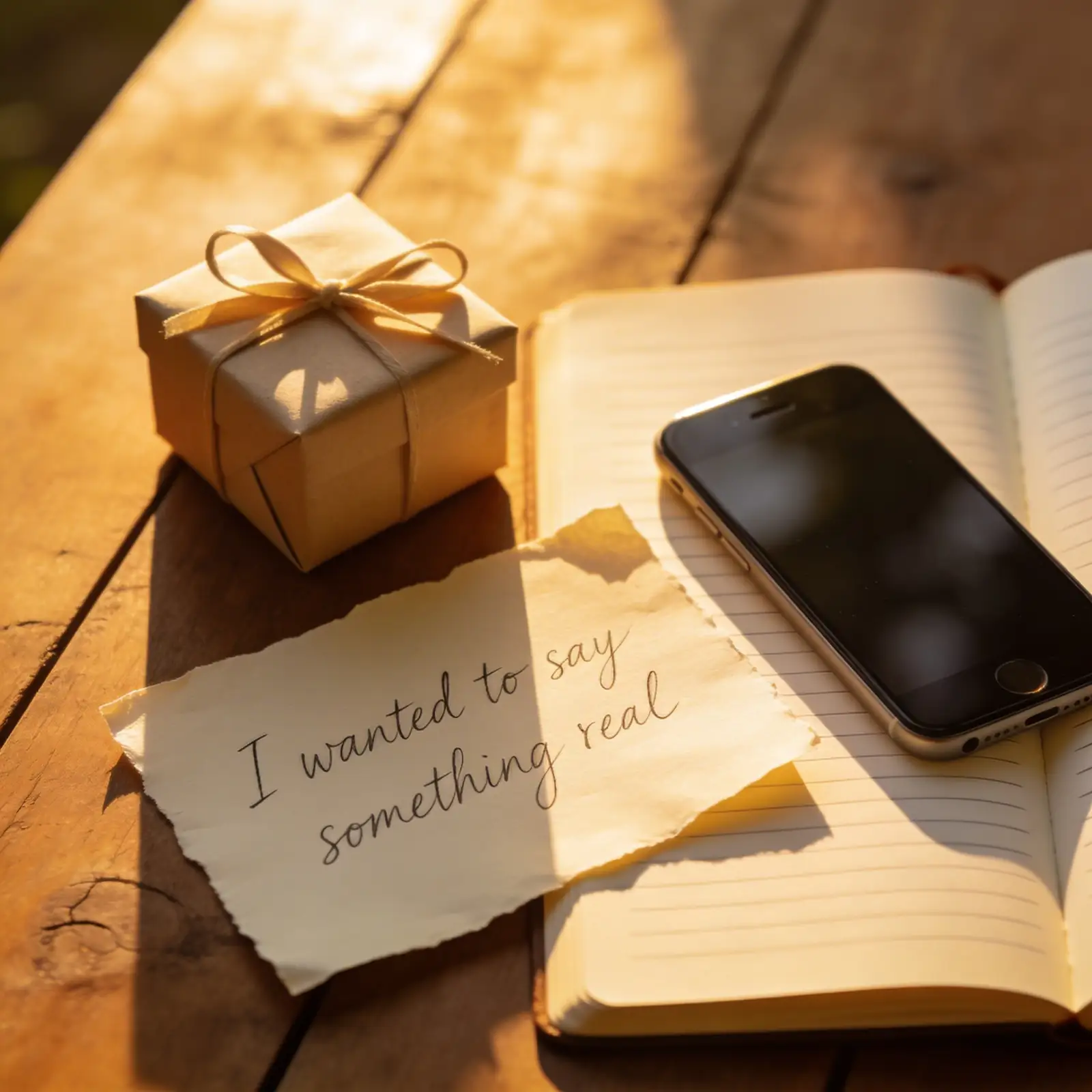A handwritten note beside a small wrapped gift — the gesture of giving something thoughtful