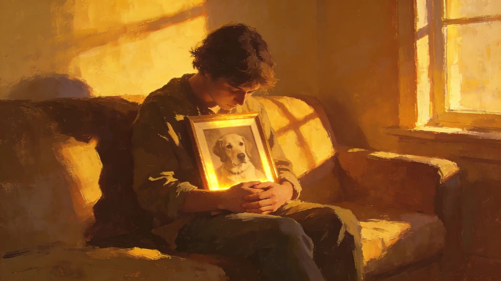Person sitting quietly holding a framed photo of their dog, soft golden light