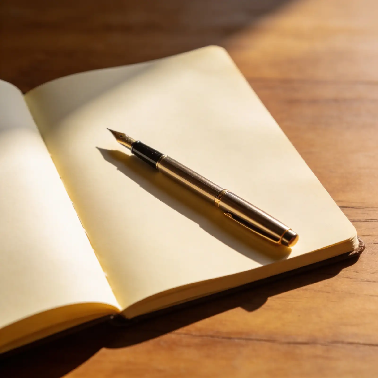 Open journal with a pen resting on a blank page in warm morning light