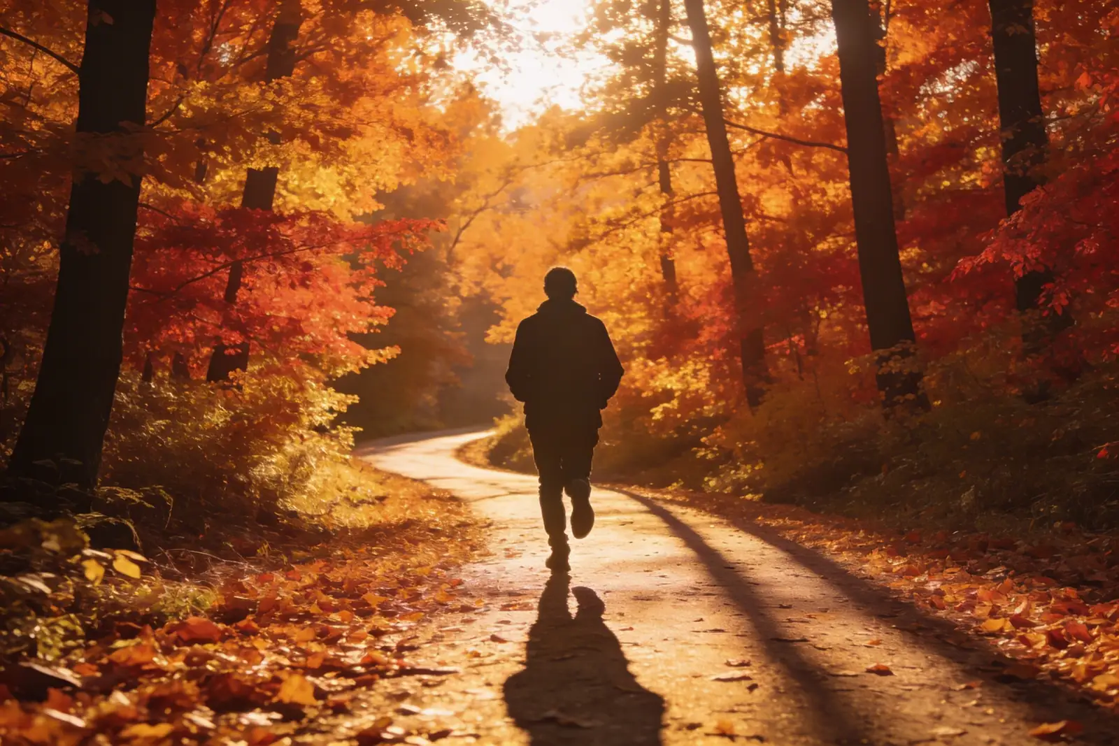 Person walking alone on a tree-lined path in soft autumn light