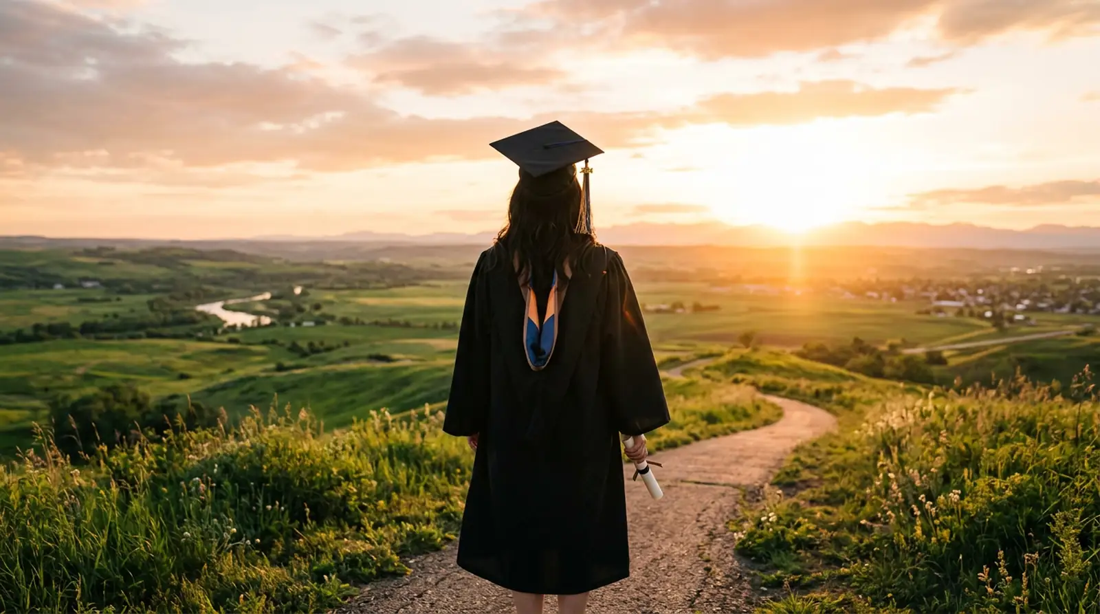 Graduate in cap and gown looking toward a bright future