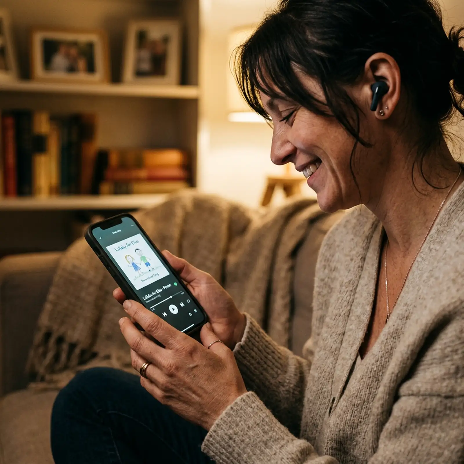 Parent listening to a personalized song on their phone with a warm smile
