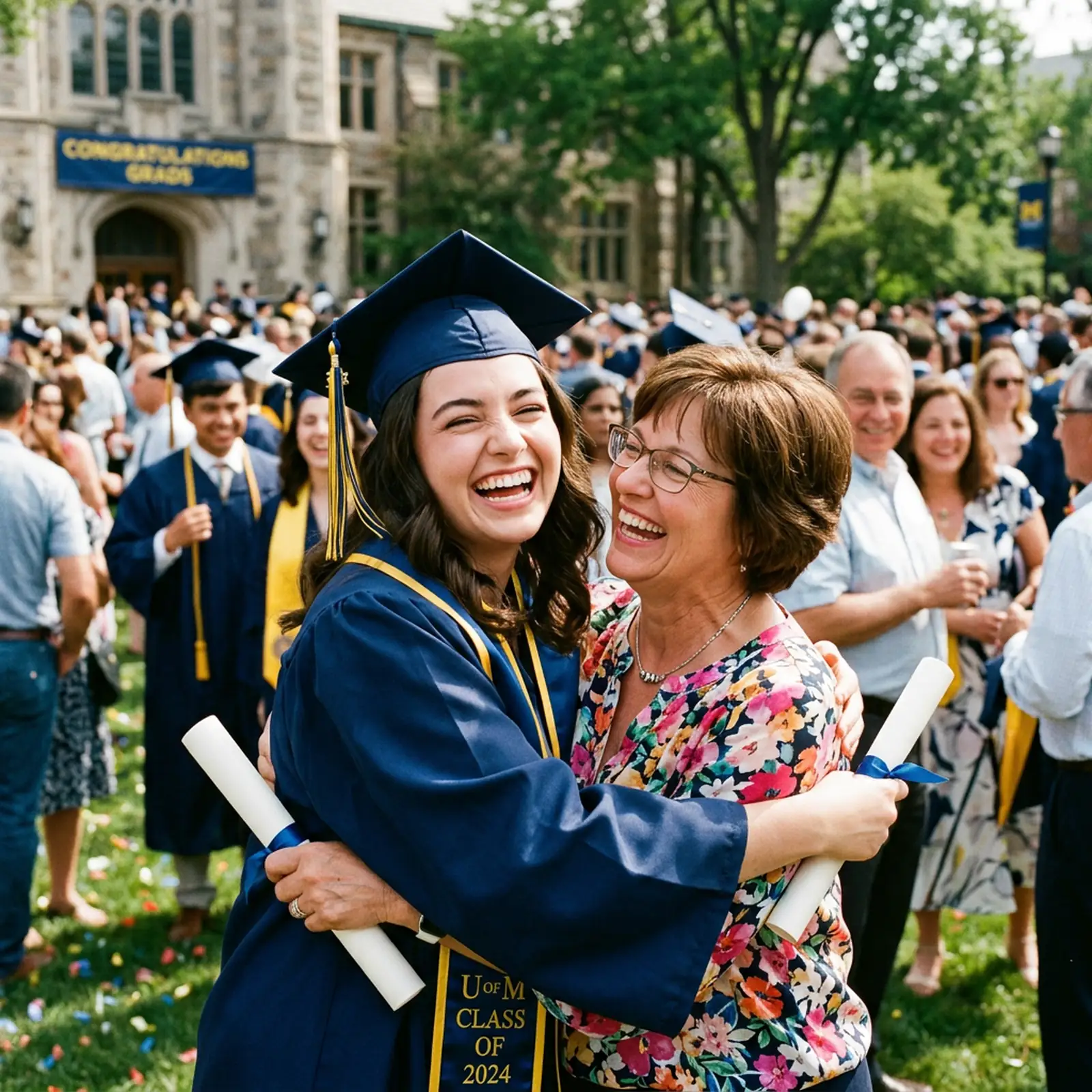 Graduate laughing with a parent after the graduation ceremony