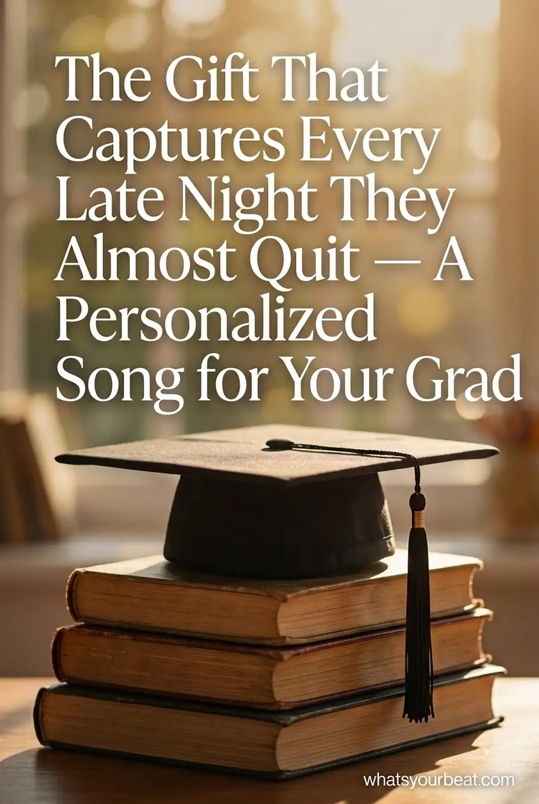 Graduation cap on a stack of books in soft golden light — personalized song gift idea for graduates