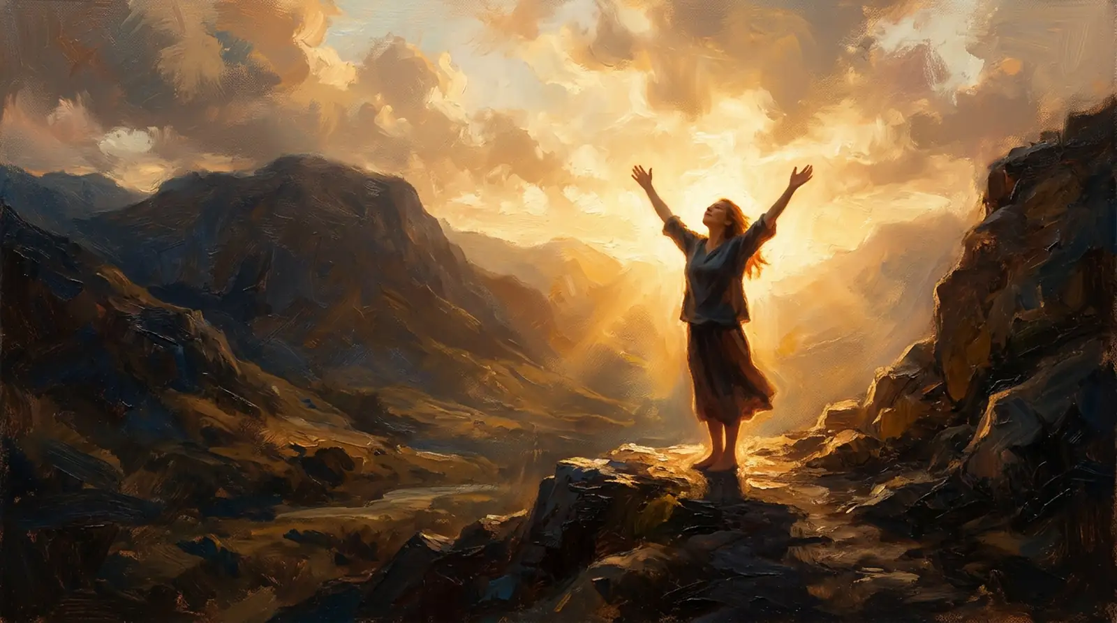 Cancer survivor celebrating end of treatment with arms raised in joy