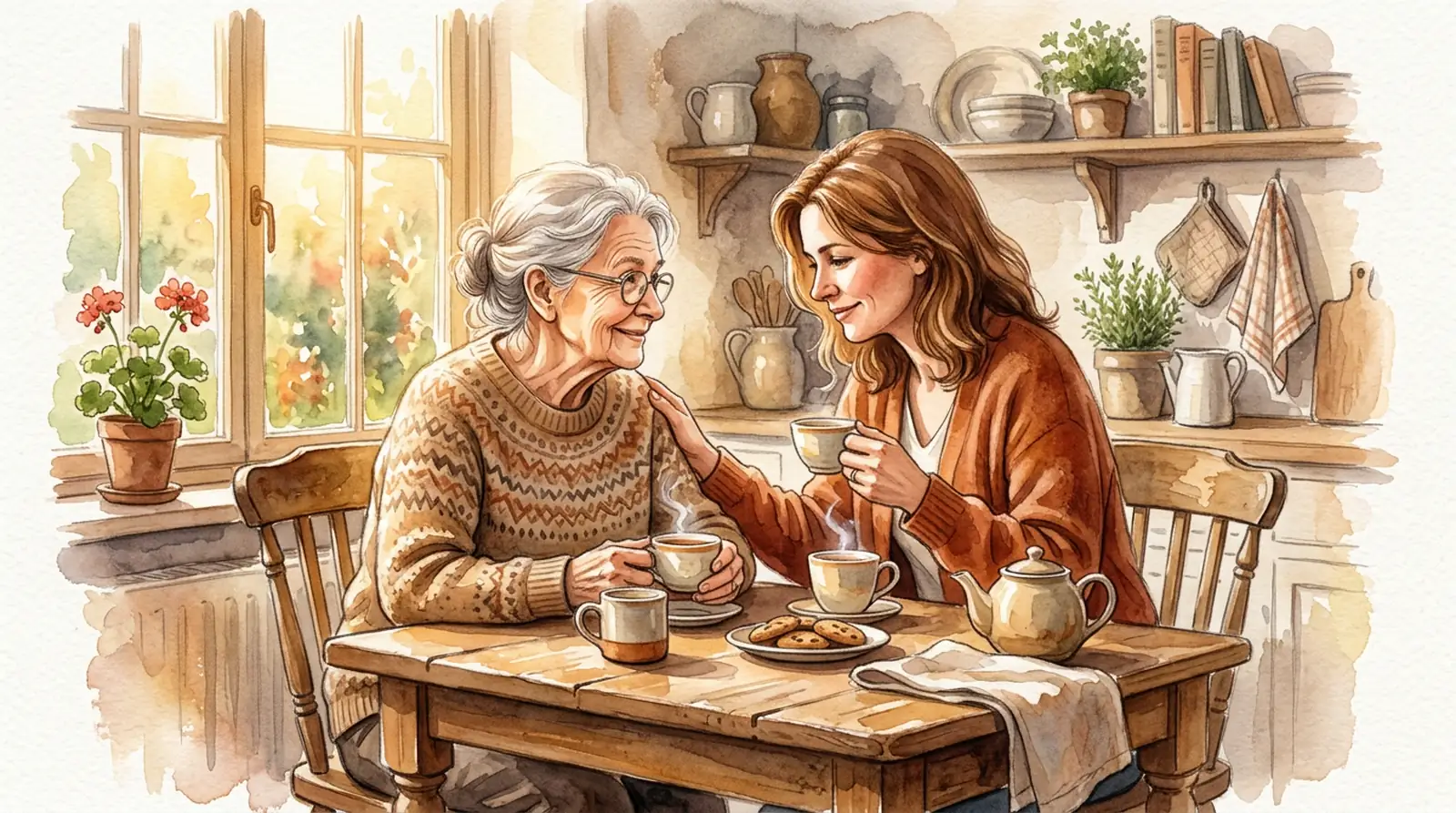 Adult child sitting close with a parent living with dementia — a meaningful gift for someone with dementia starts with simply being present