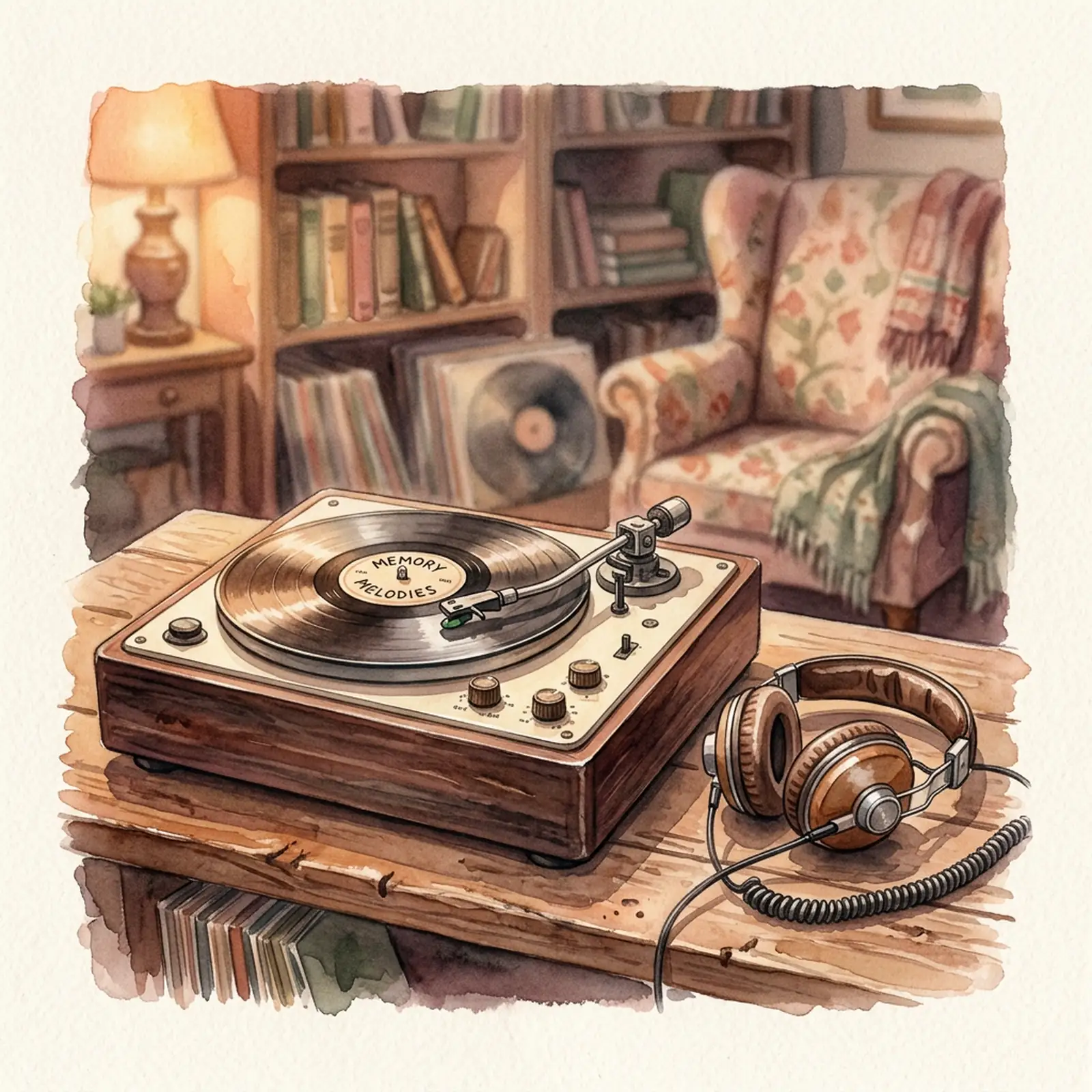 Headphones resting on a table beside soft warm light — music for Alzheimer's patients often reaches them when other things can't