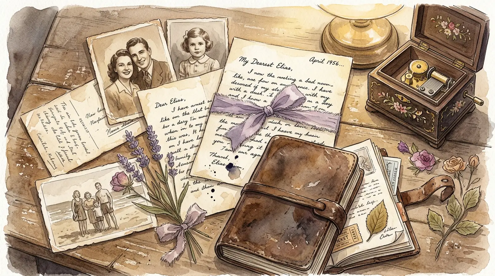 Old photographs, handwritten notes, and personal objects spread on a table — the kind of memories used to create a meaningful gift for someone with dementia