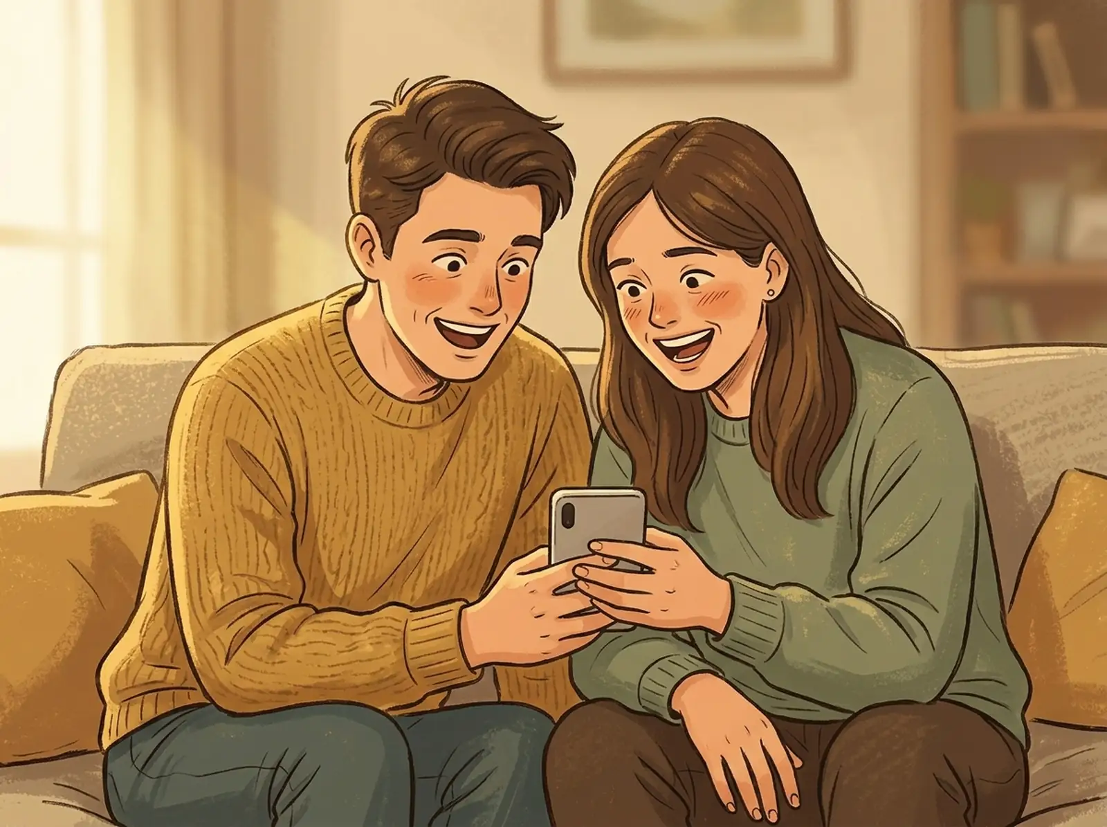 Adult siblings side by side, laughing at something on a phone