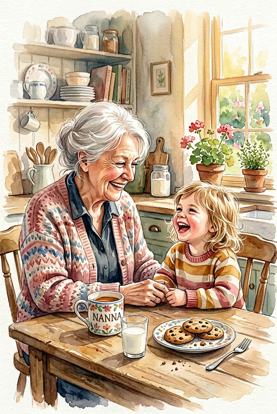 Grandmother and grandchild laughing together at a kitchen table — the perfect occasion for a personalized song for grandma