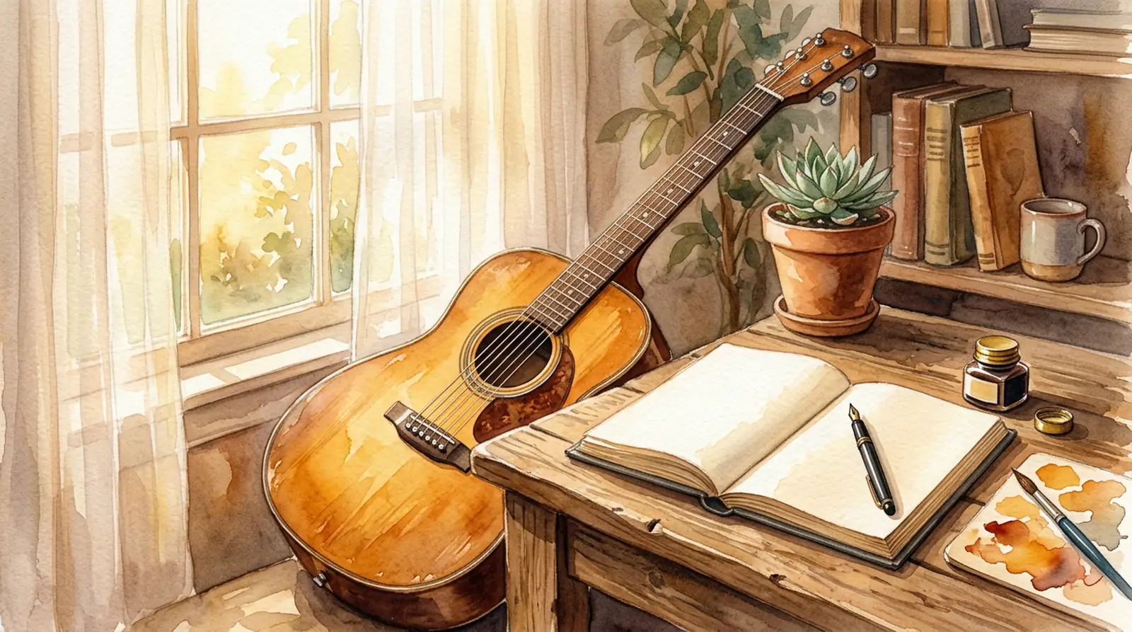 custom song being written for a new baby gift — guitar and notebook in warm light