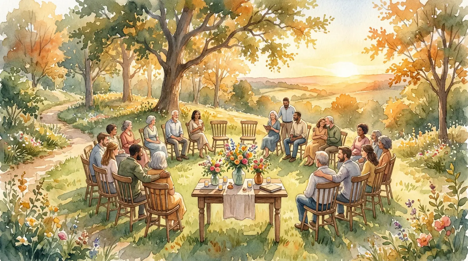 A warm gathering space with chairs arranged for a celebration of life, soft afternoon light
