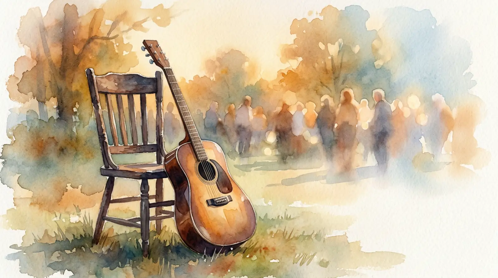 An acoustic guitar resting against a chair at a quiet outdoor memorial gathering
