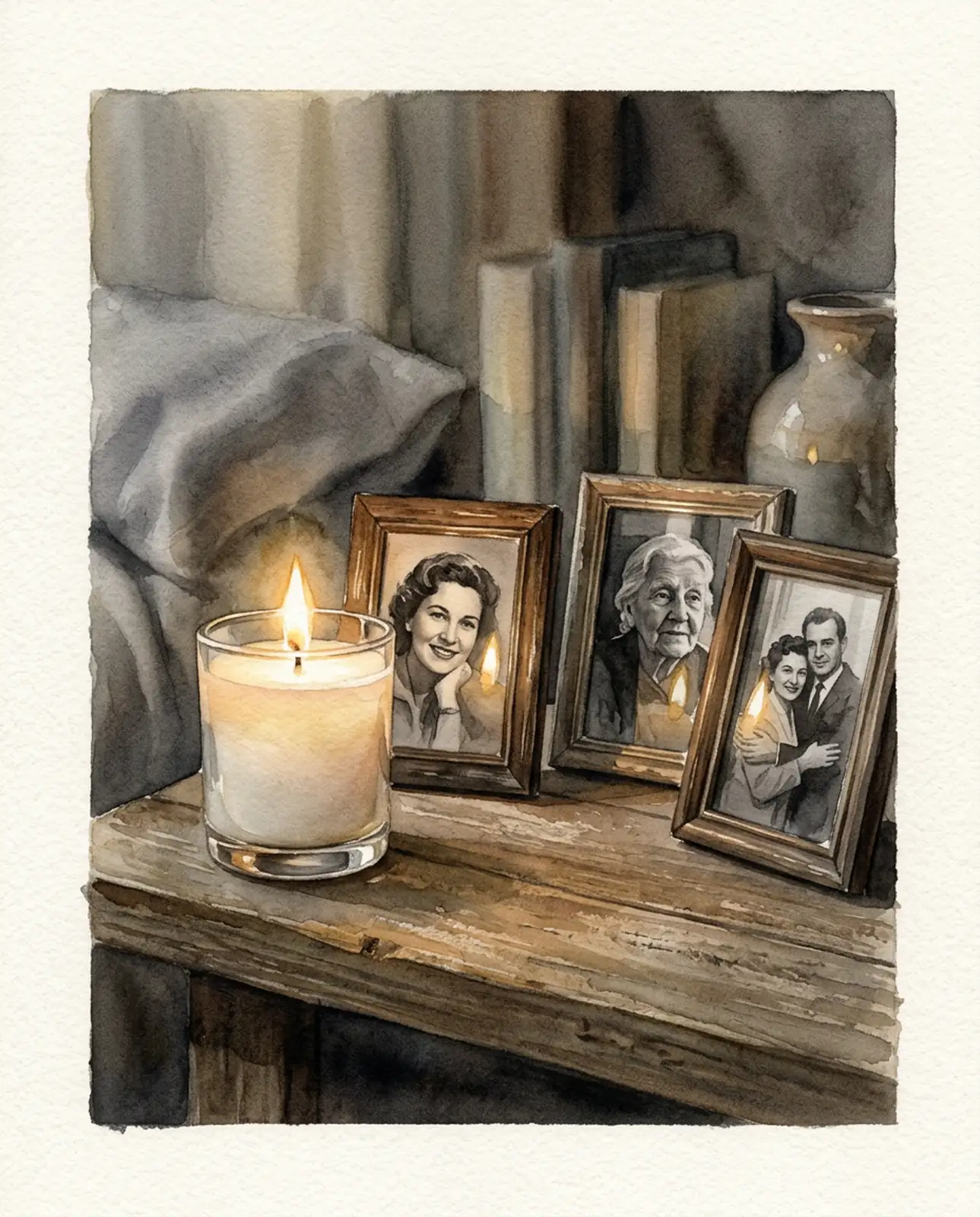 A single candle burning beside framed photos of a loved one, soft warm light