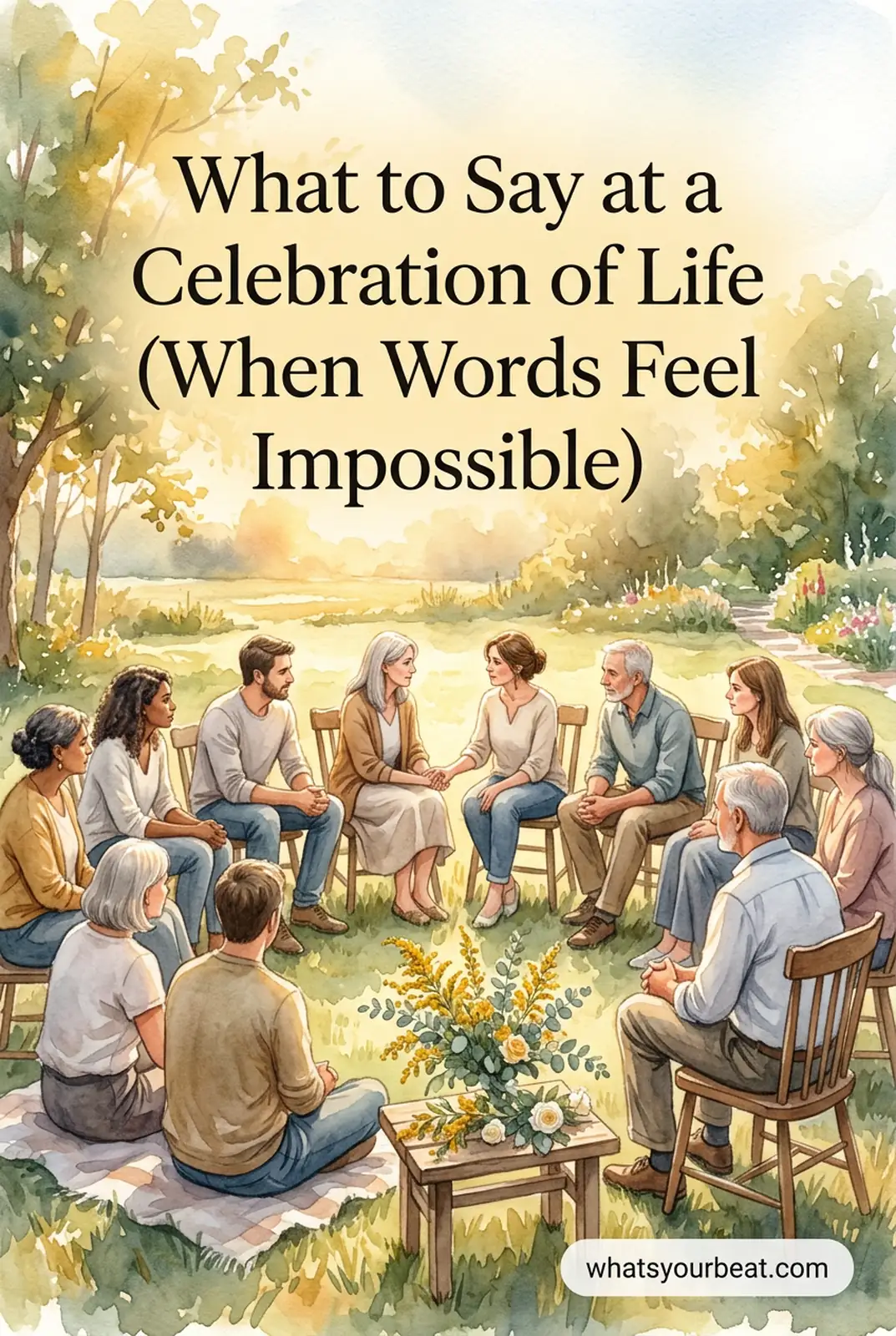 Shareable Pinterest image for What to Say at a Celebration of Life from whatsyourbeat.com