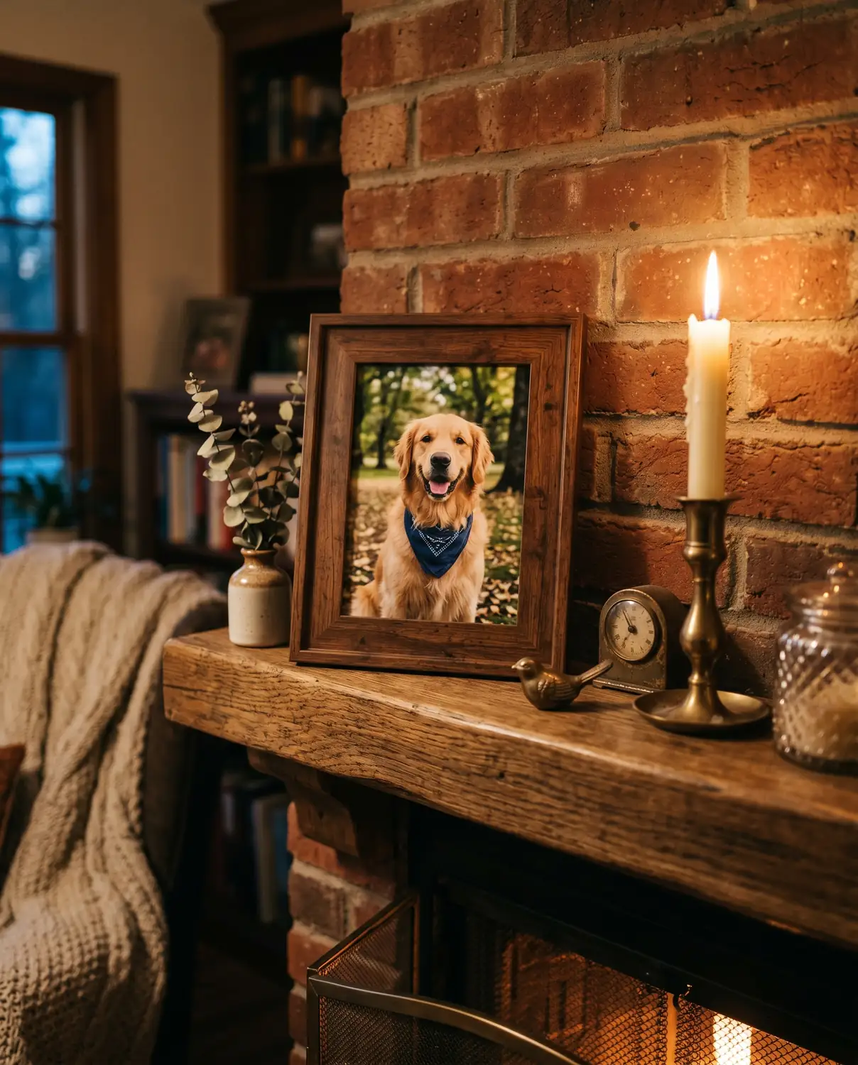 A framed photo of a pet on a mantle